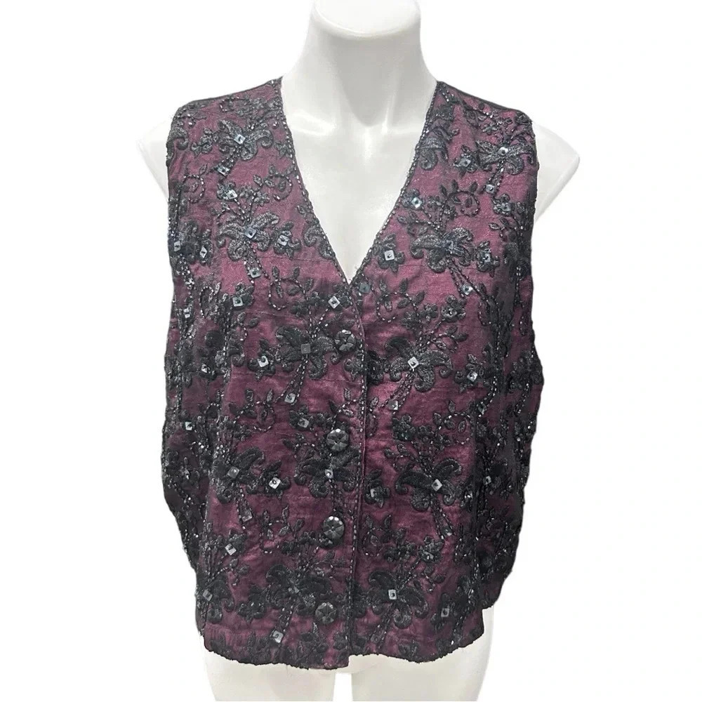 Surya Burgundy Red & Black Beaded Sequin Floral Embroidered Vest Top Waistcoat